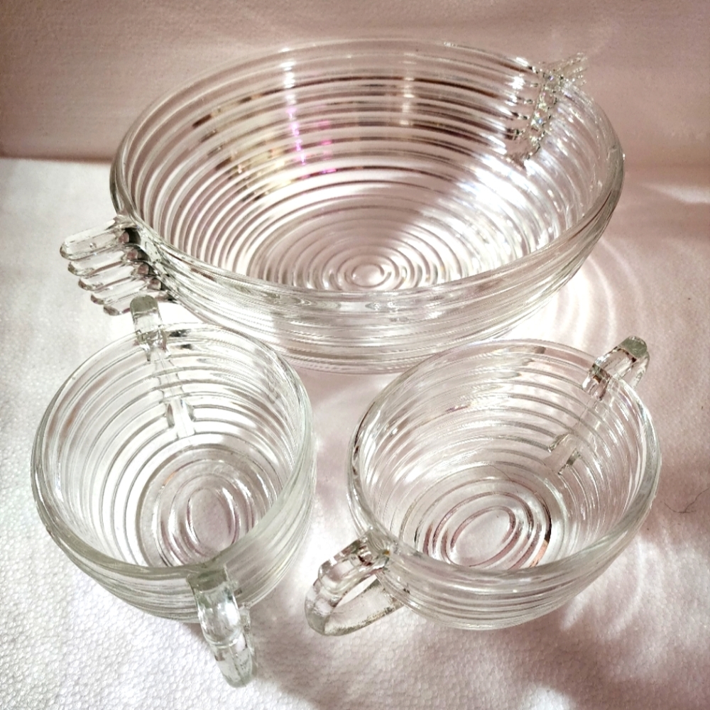 Vintage Anchor Hocking Manhattan "Horizontal Ribbed" Salad Bowl + 2 Sugar Bowls